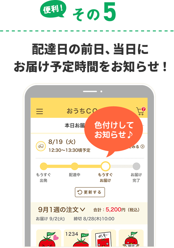 便利その5 配達日の前日、当日にお届け予定時間をお知らせ！