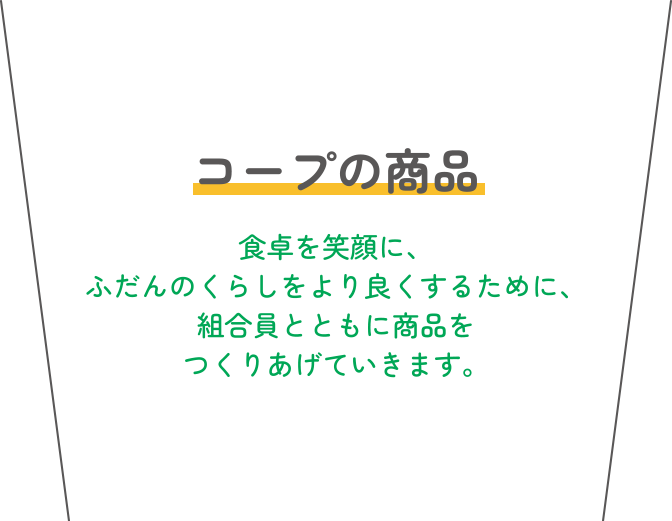 コープの商品 食卓を笑顔に、ふだんのくらしをより良くするために、組合員とともに商品をつくりあげていきます。
